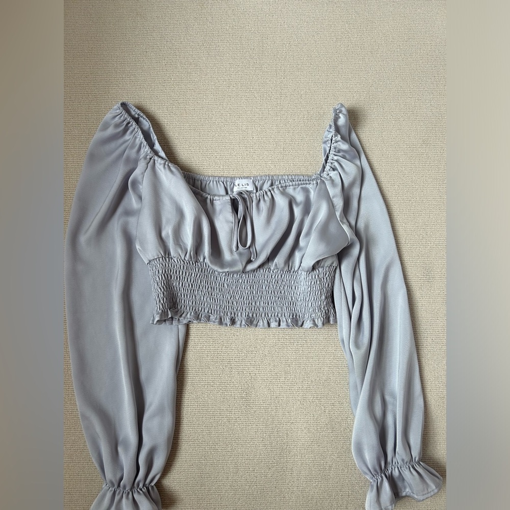 Periwinkle Silk Long Sleeve Square Neck Cropped Top